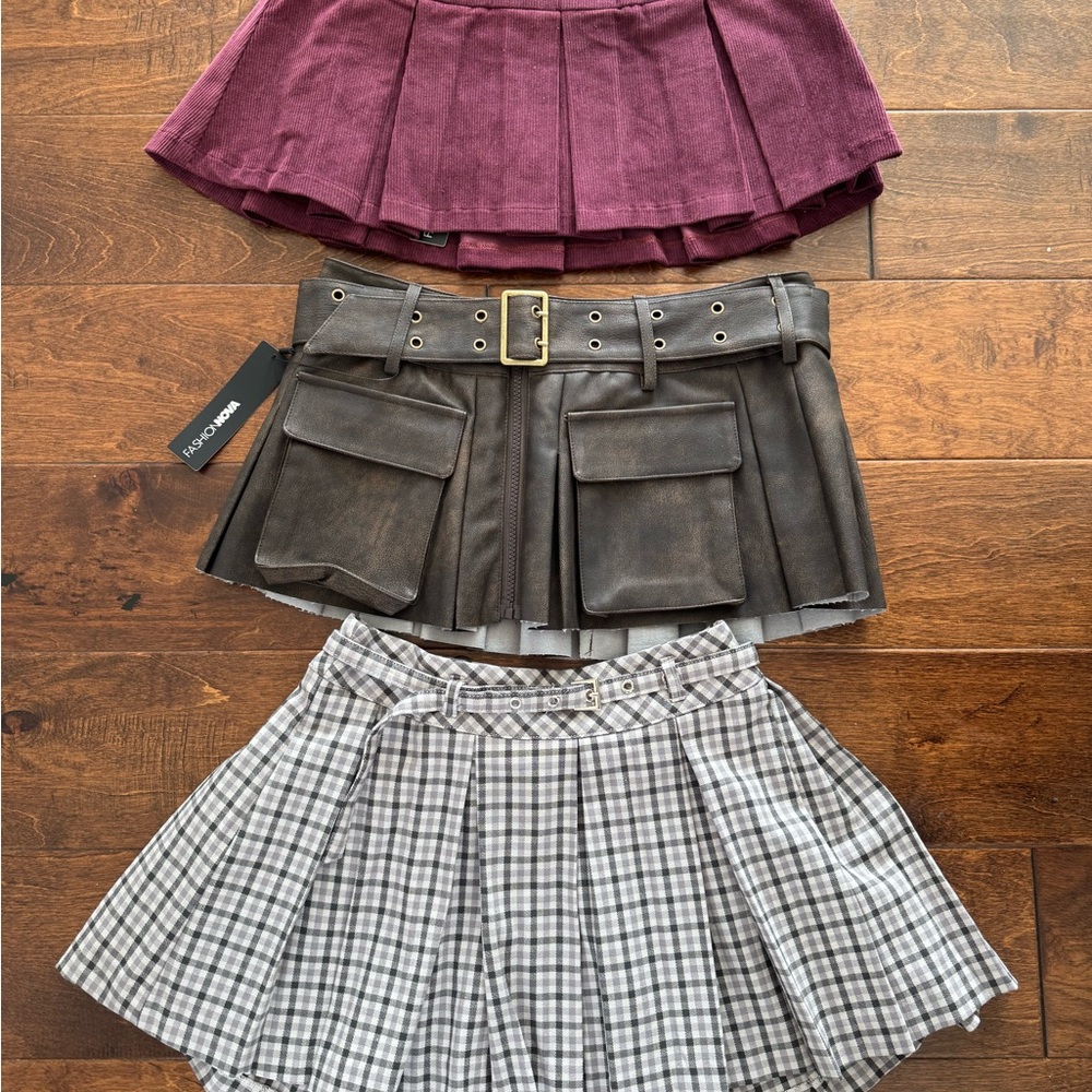 Fashion Nova Mini Skirt Trio - Purple, Brown, and Gray